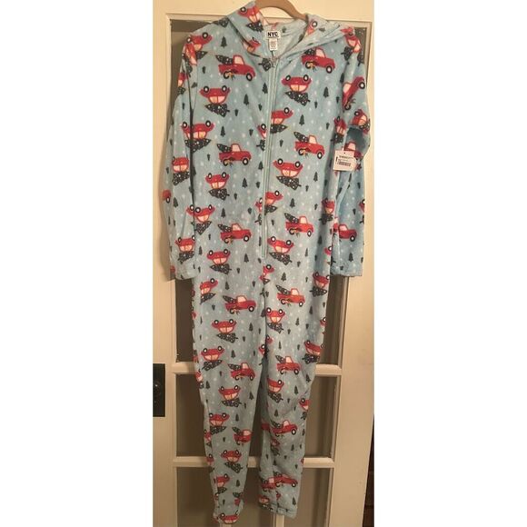 woman’s s/m fleece pajamas Christmas PRINTED HOLIDAY ONE-PIECE HOODED pjs - Picture 6 of 9
